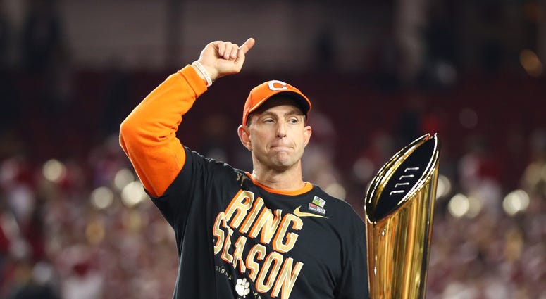 Jan 7, 2019; Santa Clara, CA, USA; Clemson Tigers head coach Dabo Swinney celebrates after the 2019 College Football Playoff Championship game against the Alabama Crimson Tide at Levi's Stadium