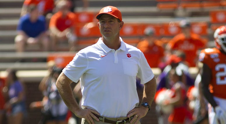 Clemson Tigers head coach Dabo Swinney prior to the game between the Clemson Tigers and the Texas A&M Aggies at Clemson Memorial Stadium.