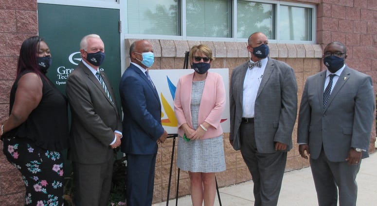 Senator Karl Allen (third from left) with (left to right) Stephanie Sherman, Dr. Keith Miller, Jennifer Moorefield, Sammie Stroud, and Dr. Jermaine Whirl of Greenville Technical College at the opening of the GTC Returning Citizens Program at the Phillis W Senator Karl Allen (third from left) with (left to right) Stephanie Sherman, Dr. Keith Miller, Jennifer Moorefield, Sammie Stroud, and Dr. Jermaine Whirl of Greenville Technical College at the opening of the GTC Returning Citizens Program at the Phillis W