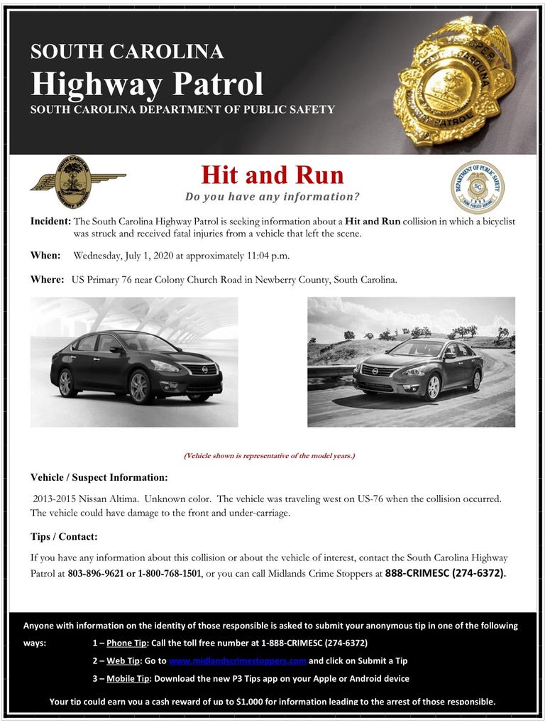 Hit and Run involving bicyclist - Newberry County Hit and Run involving bicyclist - Newberry County