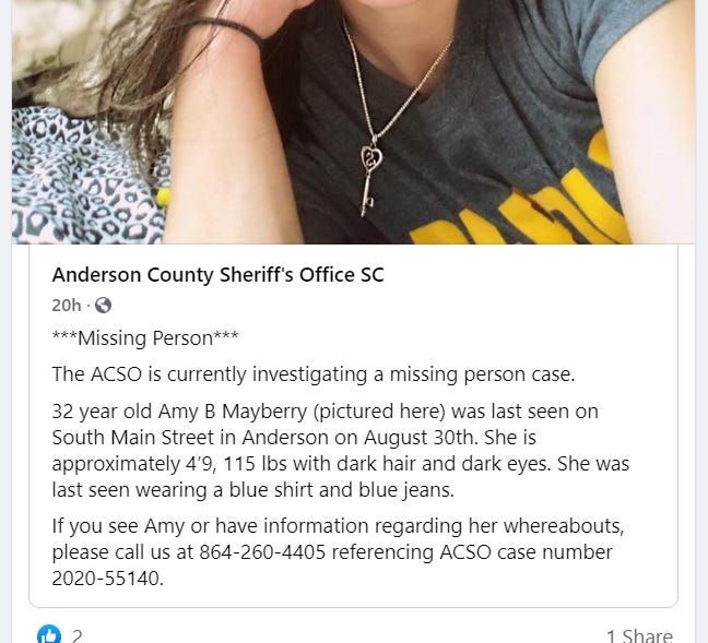 ACSO Facebook Post - Missing - Amy B. Mayberry ACSO Facebook Post - Missing - Amy B. Mayberry