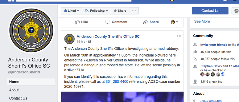 Robbery Suspect Post, ACSO Facebook Page Robbery Suspect Post, ACSO Facebook Page