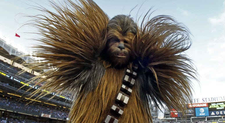 Chewbacca participates in "Star Wars" night prior to the Seattle Mariners taking on the New York Yankees at Yankee Stadium Chewbacca participates in "Star Wars" night prior to the Seattle Mariners taking on the New York Yankees at Yankee Stadium
