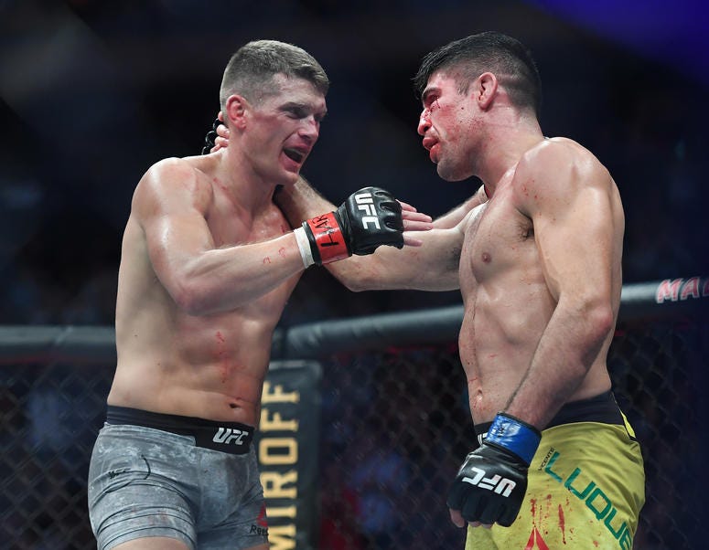 Nov 2, 2019; New York, NY, USA; Stephen Thompson (red gloves) fights Vicente Luque (blue gloves) during UFC 244 at Madison Square Garden. Mandatory Credit: Sarah Stier-USA TODAY Sports