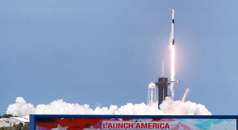 The SpaceX Falcon 9 rocket, carrying astronauts Doug Hurley and Bob Behnken in the Crew Dragon capsule, lifts off from Kennedy Space Center, Fla., on Saturday, May 30, 2020. The SpaceX Falcon 9 rocket, carrying astronauts Doug Hurley and Bob Behnken in the Crew Dragon capsule, lifts off from Kennedy Space Center, Fla., on Saturday, May 30, 2020.