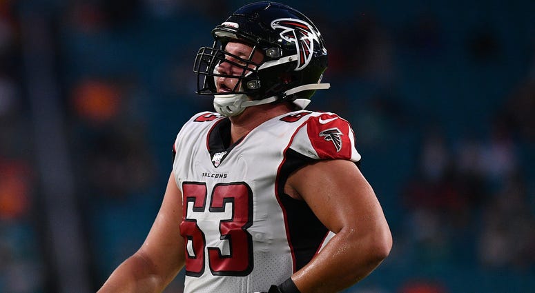 MIAMI, FL - AUGUST 08: Chris Lindstrom #63 of the Atlanta Falcons lines up in the first quarter during a preseason game against the Miami Dolphins at Hard Rock Stadium on August 8, 2019 in Miami, Florida. (Photo by Mark Brown/Getty Images)