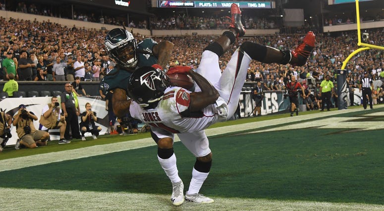 Philadelphia Eagles cornerback Ronald Darby pushes Atlanta Falcons wide receiver Julio Jones out of bounds Philadelphia Eagles cornerback Ronald Darby pushes Atlanta Falcons wide receiver Julio Jones out of bounds