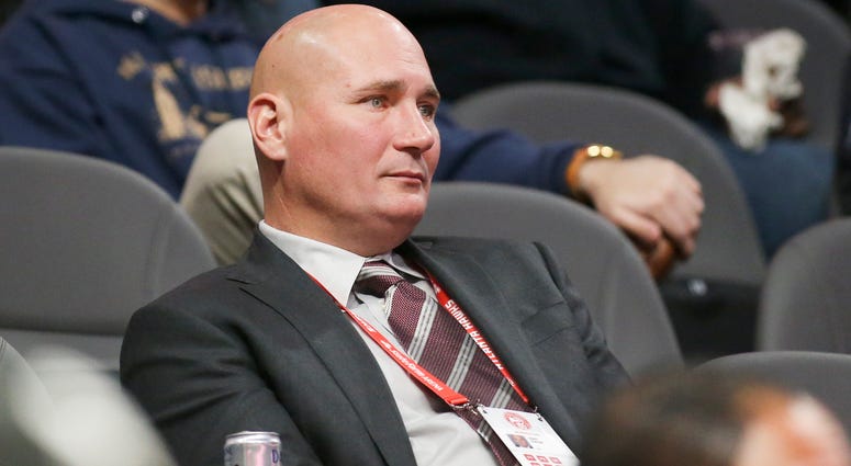 Dec 5, 2018; Atlanta, GA, USA; Atlanta Hawks general manager Travis Schlenk watches a game against the Washington Wizards in the fourth quarter at State Farm Arena. Mandatory Credit: Brett Davis-USA TODAY Sports