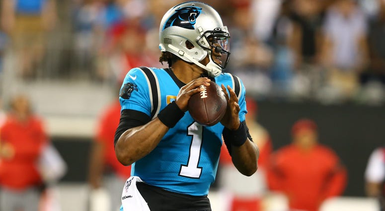 Sep 12, 2019; Charlotte, NC, USA; Carolina Panthers quarterback Cam Newton (1) drops back to pass against the Tampa Bay Buccaneers during the third quarter at Bank of America Stadium. Mandatory Credit: Jeremy Brevard-USA TODAY Sports