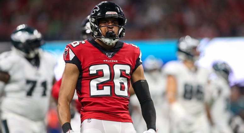 Sep 15, 2019; Atlanta, GA, USA; Atlanta Falcons cornerback Isaiah Oliver (26) celebrates after a tackle against the Philadelphia Eagles in the first quarter at Mercedes-Benz Stadium. Mandatory Credit: Brett Davis-USA TODAY Sports