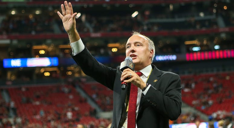Oct 6, 2019; Atlanta, GA, USA; Atlanta United president Darren Eales addresses the crowd after a victory against the New England Revolution at Mercedes-Benz Stadium. Mandatory Credit: Brett Davis-USA TODAY Sports