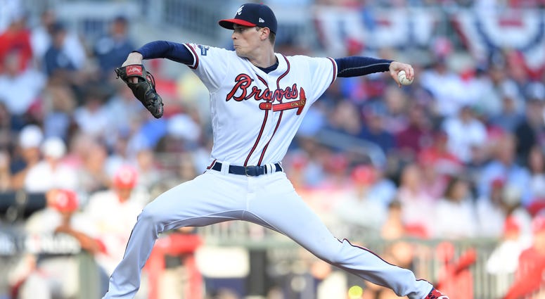 Oct 9, 2019; Atlanta, GA, USA; Atlanta Braves starting pitcher Max Fried (54) throws against the St. Louis Cardinals in the second inning of game five of the 2019 NLDS playoff baseball series at SunTrust Park. Mandatory Credit: Dale Zanine-USA TODAY Sport
