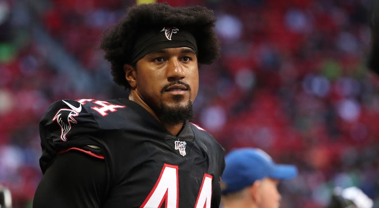 Oct 27, 2019; Atlanta, GA, USA; Atlanta Falcons defensive end Vic Beasley (44) looks on from the sideline in the second quarter against the Seattle Seahawks at Mercedes-Benz Stadium. Mandatory Credit: Jason Getz-USA TODAY Sports