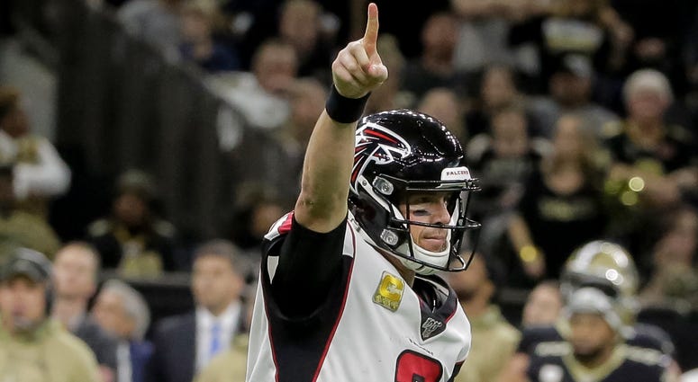 Nov 10, 2019; New Orleans, LA, USA; Atlanta Falcons quarterback Matt Ryan (2) celebrates after throwing a touchdown pass against the New Orleans Saints during the fourth quarter at the Mercedes-Benz Superdome. Mandatory Credit: Derick E. Hingle-USA TODAY