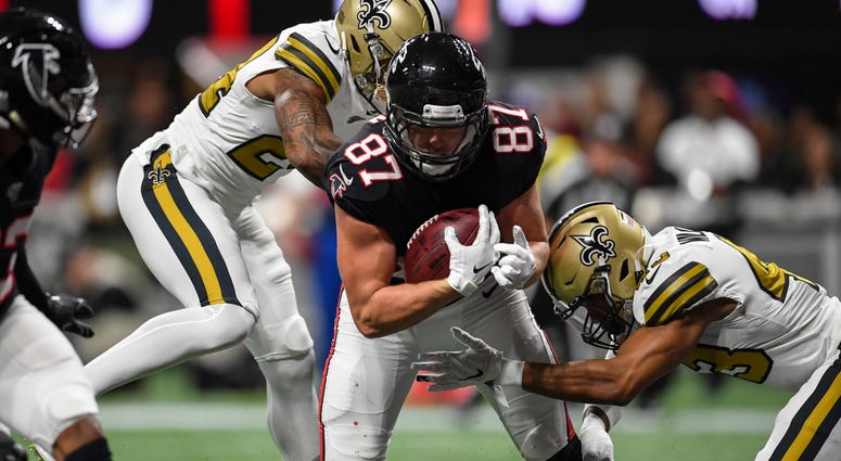 Nov 28, 2019; Atlanta, GA, USA; Atlanta Falcons tight end Jaeden Graham (87) reacts after catching a touchdown pass against the New Orleans Saints during the first half at Mercedes-Benz Stadium. Mandatory Credit: Dale Zanine-USA TODAY Sports