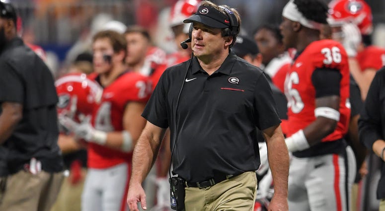 Dec 7, 2019; Atlanta, GA, USA; Georgia Bulldogs head coach Kirby Smart reacts on the sideline during the first half of the 2019 SEC Championship Game against the LSU Tigers at Mercedes-Benz Stadium. Mandatory Credit: Dale Zanine-USA