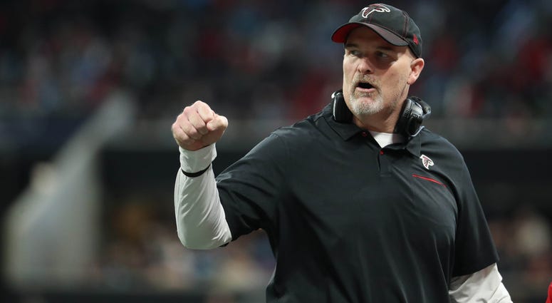 Dec 8, 2019; Atlanta, GA, USA; Atlanta Falcons head coach Dan Quinn reacts to a play in the first half against the Carolina Panthers at Mercedes-Benz Stadium. Mandatory Credit: Jason Getz-USA TODAY Sports