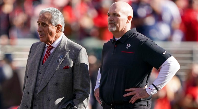 December 15, 2019; Santa Clara, CA, USA; Atlanta Falcons owner Arthur M. Blank (left) and head coach Dan Quinn (right) before the game against the San Francisco 49ers at Levi's Stadium. Mandatory Credit: Kyle Terada-USA TODAY Sports