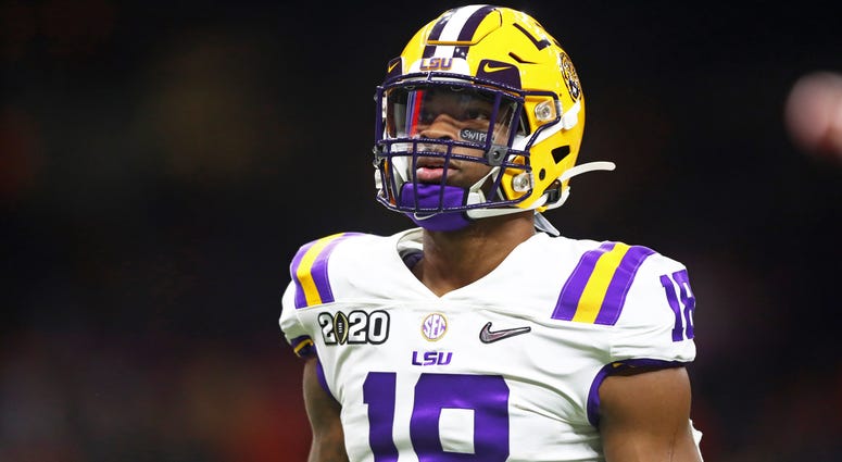 Jan 13, 2020; New Orleans, Louisiana, USA; LSU Tigers linebacker K'Lavon Chaisson (18) against the Clemson Tigers in the College Football Playoff national championship game at Mercedes-Benz Superdome. Mandatory Credit: Mark J. Rebilas-USA TODAY Sports