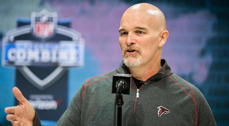 Feb 25, 2020; Indianapolis, Indiana, USA; Atlanta Falcons head coach Dan Quinn speaks to the media during the 2020 NFL Combine in the Indianapolis Convention Center. Mandatory Credit: Trevor Ruszkowski-USA TODAY Sports