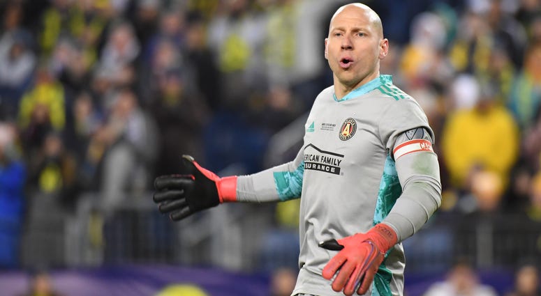 Feb 29, 2020; Nashville, TN, USA; Atlanta United goalkeeper Brad Guzan (1) before a corner kick during the second half against the Nashville SC at Nissan Stadium. Mandatory Credit: Christopher Hanewinckel-USA TODAY Sports