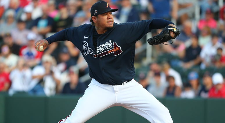 Mar 9, 2020; North Port, Florida, USA; Atlanta Braves starting pitcher Felix Hernandez (34) throws a pitch during the first inning against the Boston Red Sox at CoolToday Park. Mandatory Credit: Kim Klement-USA TODAY Sports