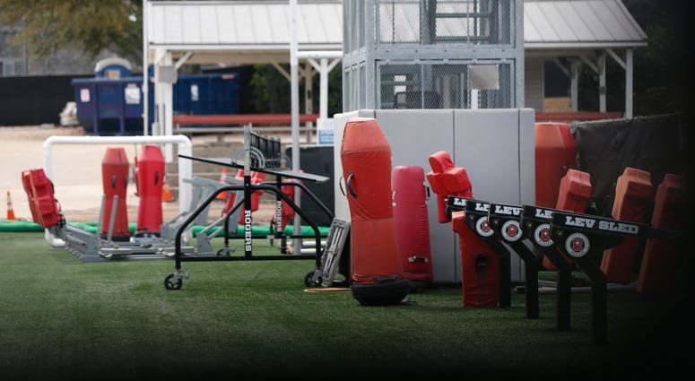 March 18, 2020; Athens, GA, USA; The University of Georgia football team's practice field s sit empty except for a handful of construction workers in Athens, Ga., on Tuesday, March 17, 2020. The University of Georgia football team would have started sprin