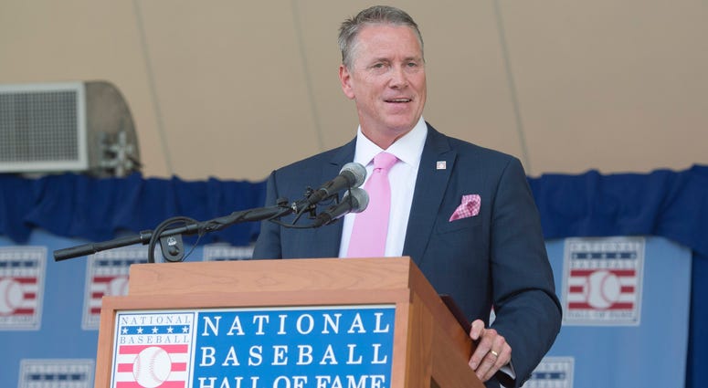 Jul 27, 2014; Cooperstown, NY, USA; Hall of Fame inductee Tom Glavine makes his acceptance speech during the class of 2014 national baseball Hall of Fame induction ceremony at National Baseball Hall of Fame. Mandatory Credit: Gregory J. Fisher-USA TODAY S