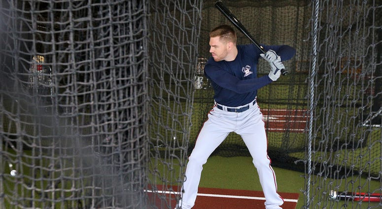 Atlanta Braves first baseman Freddie Freeman takes his first swings of spring training after arriving for camp on Sunday, Feb. 16, 2020, in North Port, Fla. (Photo by Curtis Compton/Atlanta Journal-Constitution/TNS/Sipa USA)