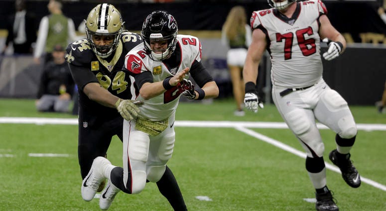 Nov 10, 2019; New Orleans, LA, USA; New Orleans Saints defensive end Cameron Jordan (94) hits Atlanta Falcons quarterback Matt Ryan (2) as he throws during the first half at the Mercedes-Benz Superdome. Mandatory Credit: Derick E. Hingle-USA TODAY Sports