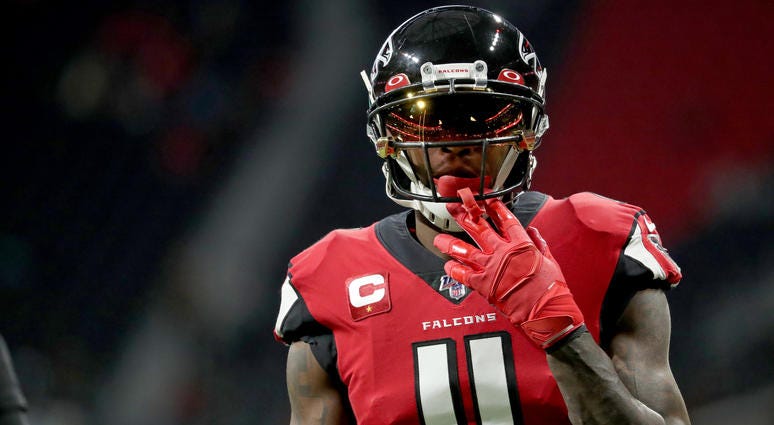 Dec 22, 2019; Atlanta, Georgia, USA; Atlanta Falcons wide receiver Julio Jones (11) warms-up before their game against the Jacksonville Jaguars at Mercedes-Benz Stadium. Mandatory Credit: Jason Getz-USA TODAY Sports
