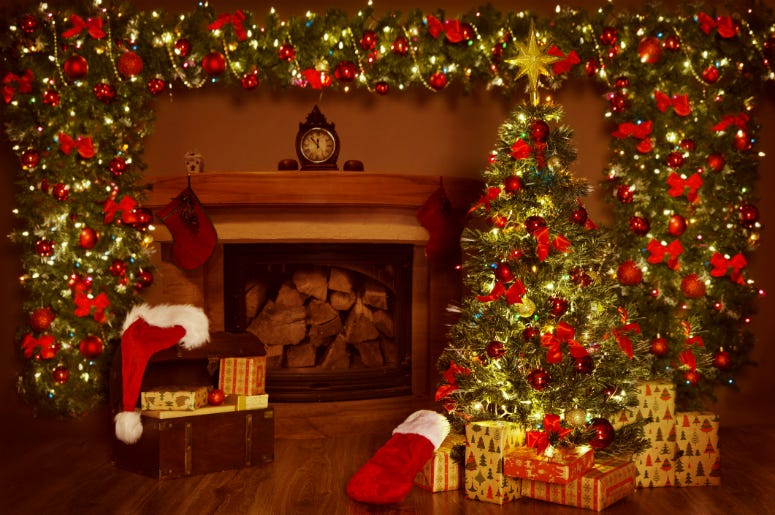 Christmas Fireplace and Xmas Tree, Presents Gifts Decorations Christmas Fireplace and Xmas Tree, Presents Gifts Decorations
