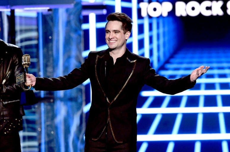 Brendon Urie of Panic! at the Disco accepts the Top Rock Song award for 'High Hopes' onstage during the 2019 Billboard Music Awards at MGM Grand Garden Arena on May 01, 2019 in Las Vegas, Nevada Brendon Urie of Panic! at the Disco accepts the Top Rock Song award for 'High Hopes' onstage during the 2019 Billboard Music Awards at MGM Grand Garden Arena on May 01, 2019 in Las Vegas, Nevada